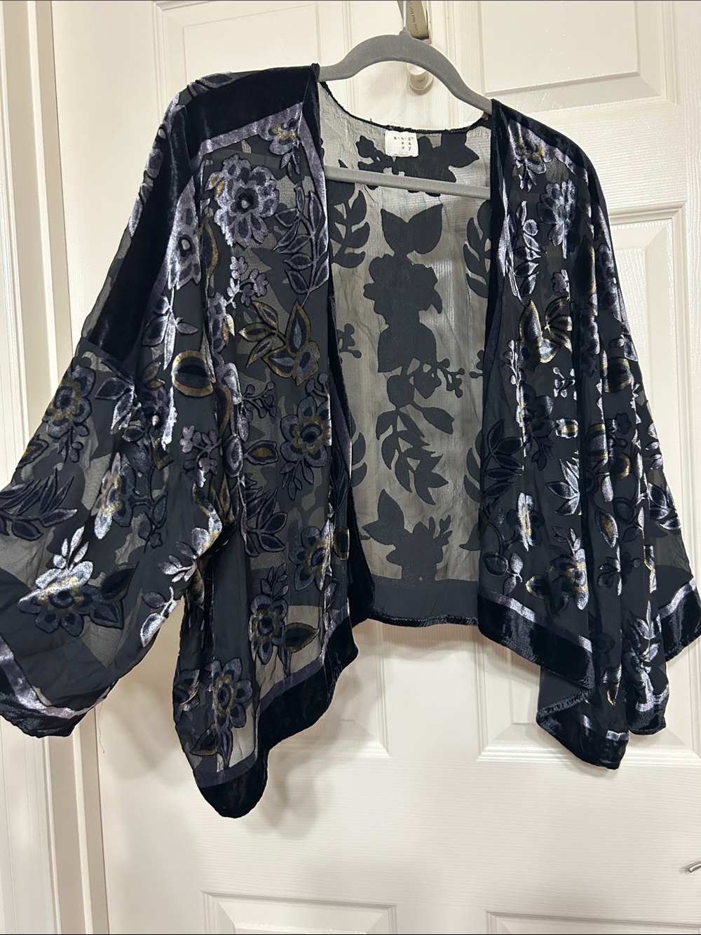 a new day Black Crushed Velvet Metallic Floral Sheer Kimono Cardigan Free Size